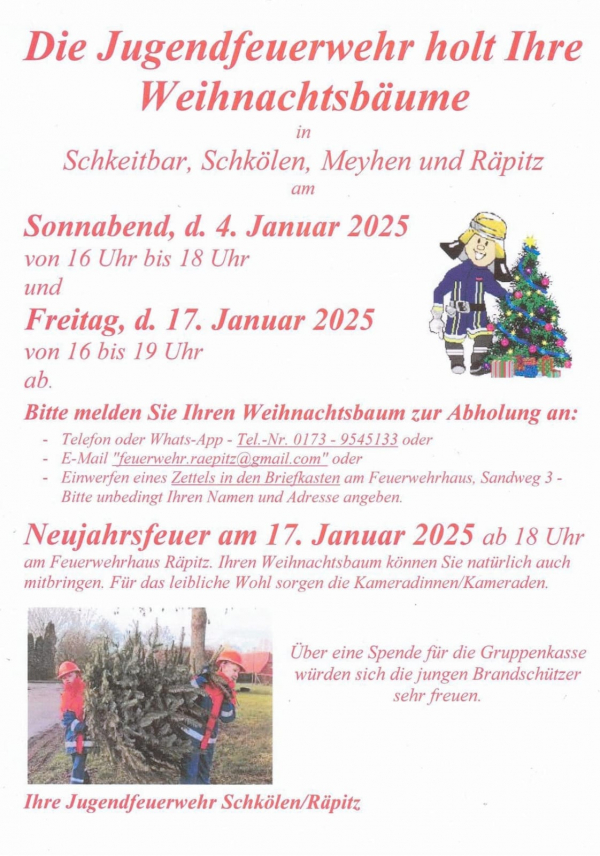 Die Jugendfeuerwehr Schkölen/Räpitz holt Ihre Weihnachtsbäume